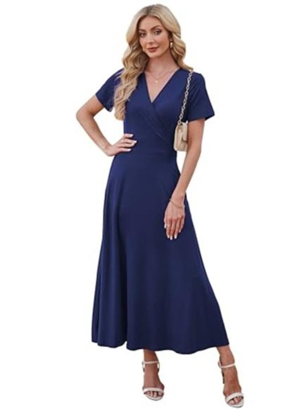 Women's Wrap V Neck Short Sleeve Maxi Dress Casual Flowy High Waist Long Dress